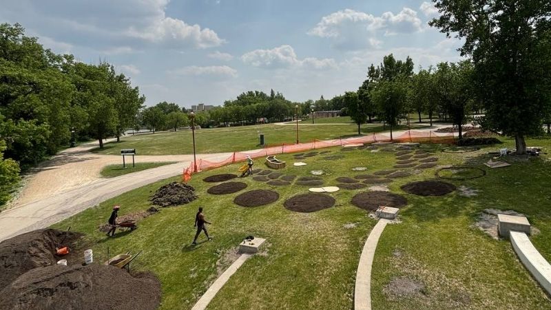 A cluster of dirt piles.